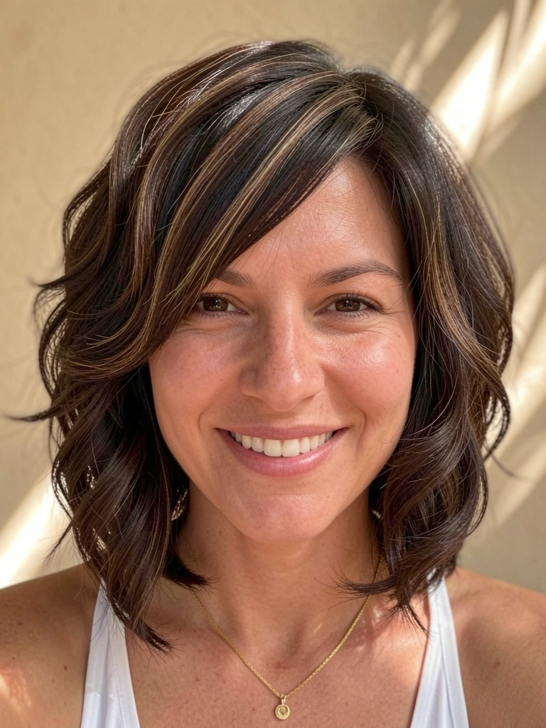 Mulher com cabelo chanel de bico castanho escuro, ondas naturais e franja lateral, sorriso aberto sob luz suave.