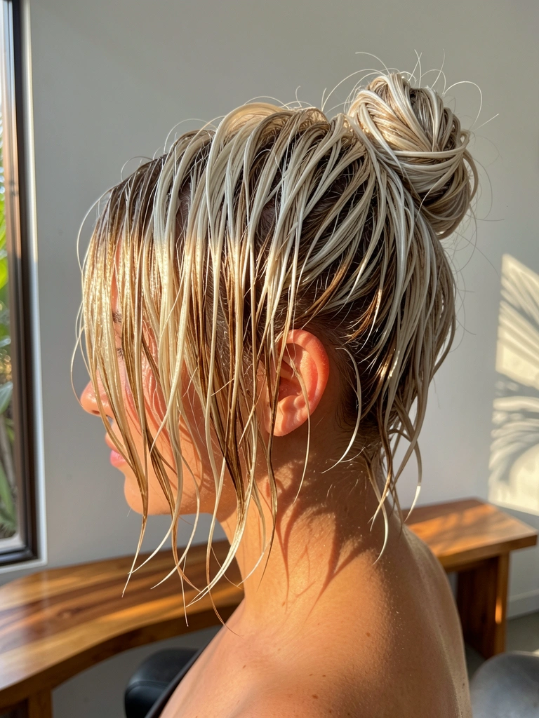 Cabelo platinado e castanho claro em coque texturizado molhado, com fios soltos, refletindo luz natural em salão minimalista de parede cinza e banco de madeira.