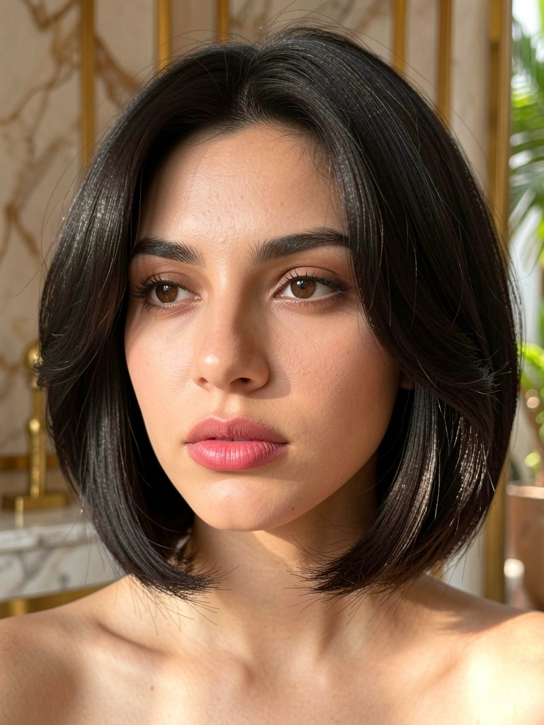Jovem com cabelo escuro volumoso em corte bob, luz natural difusa no rosto, fundo desfocado com mármore e dourado.