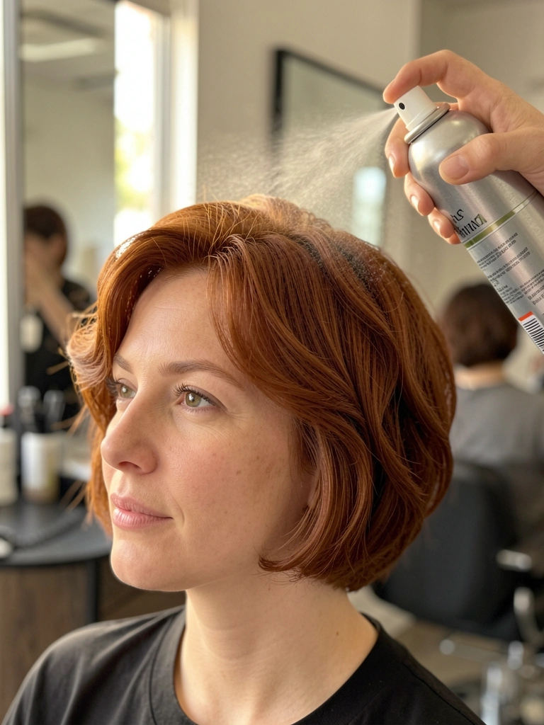 Mão de cabeleireira com frasco prateado borrifando spray em cabelo ruivo ondulado de mulher, fundo de salão desfocado com espelho, luz natural.
