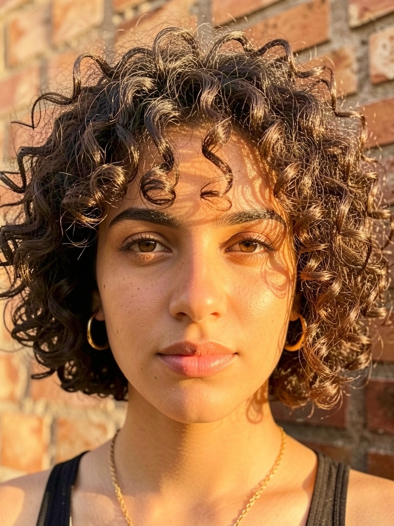 Jovem com cabelo cacheado curto e texturizado, brincos de argola dourados e colar fino, sob luz natural suave e parede de tijolos desfocada.