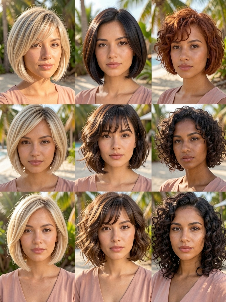 Diversas mulheres com cortes bob diferentes, como loiro em camadas, castanho liso e ruivo arredondado, em blusas neutras sob luz natural suave e fundo tropical.
