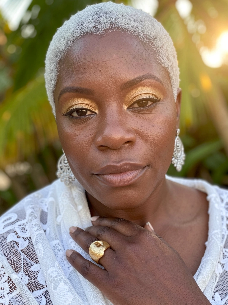 Close-up de mulher negra com cabelo grisalho texturizado, sombra dourada nos olhos e xale de renda branca, luz suave destacando a pele e os brincos de prata.
