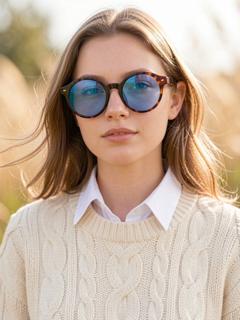 Luz natural difusa destaca textura de suéter de tricô creme e óculos redondos de tartaruga com lentes azuis em mulher jovem.