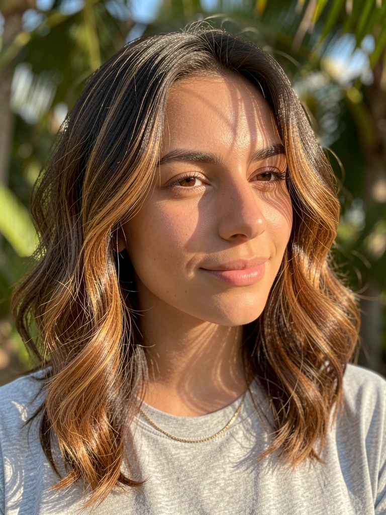 Jovem com cabelo ondulado castanho com mechas carameladas, camiseta cinza e colar de ouro, luz natural suave em fundo desfocado com folhagem.