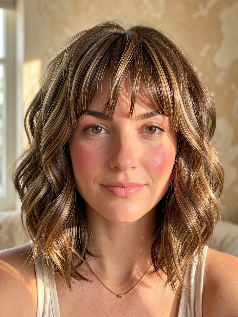 Mulher com cabelo castanho ondulado e franja, colar de ouro, pele com blush rosado, luz difusa e parede texturizada ao fundo.