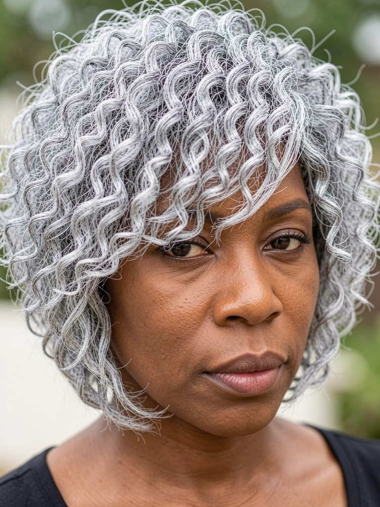Close-up de uma mulher negra com cabelo grisalho crespo volumoso em corte bob, luz natural suave e fundo levemente desfocado.