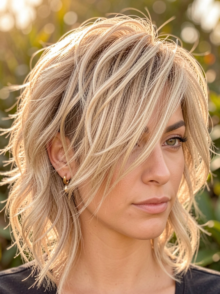 Mulher de cabelo loiro ondulado com undercut e camadas longas, brincos dourados e luz natural filtrando por folhagens ao fundo.
