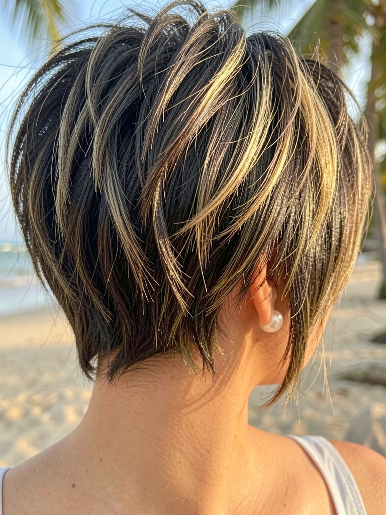 Close-up de mulher com cabelo curto escuro texturizado e reflexos loiros, corte chanfrado acima da clavícula, brinco de pérola e luz natural suave.