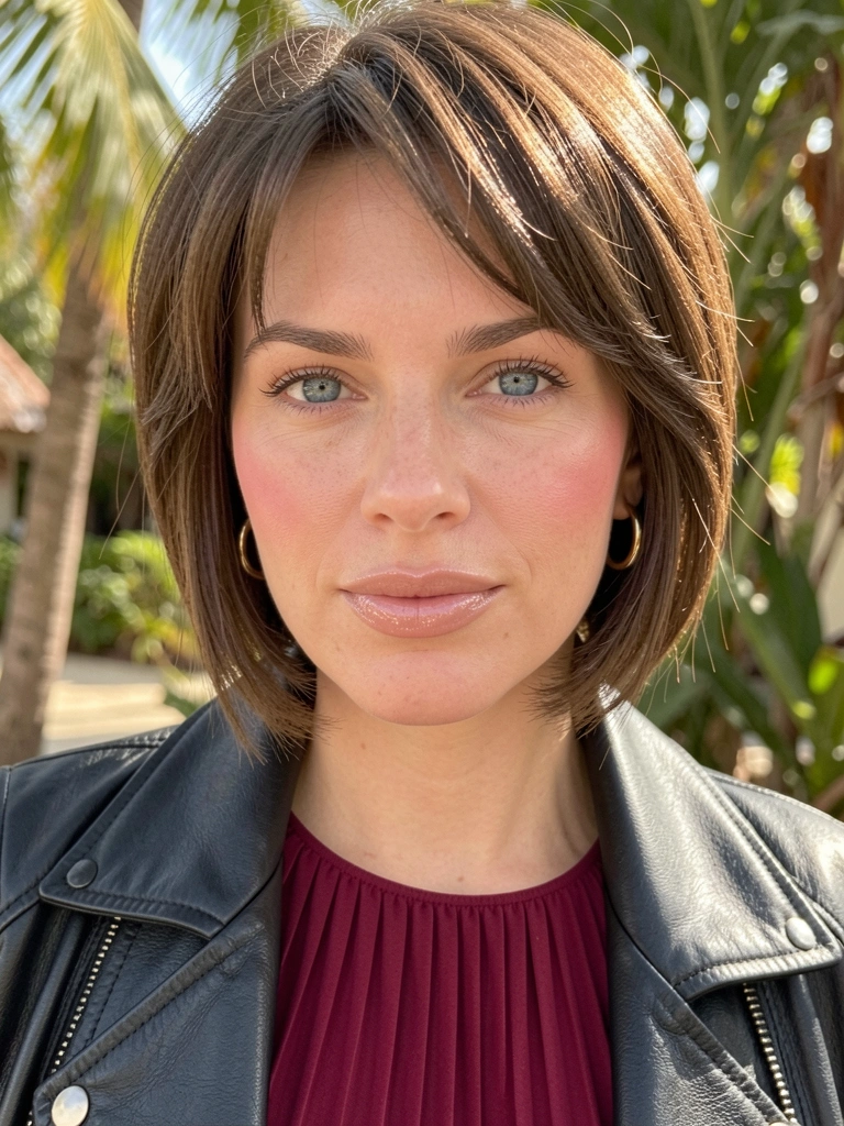 Mulher de cabelo castanho curto e olhos azuis, vestido vinho plissado e jaqueta de couro preta, brincos de argola dourados, luz natural difusa, fundo quente e tropical.