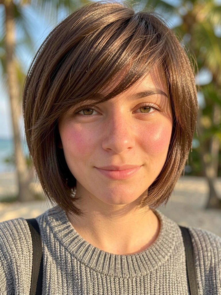 Jovem de cabelo castanho curto e franja desfiada, suéter cinza texturizado com alça preta, luz natural difusa e fundo tropical desfocado.