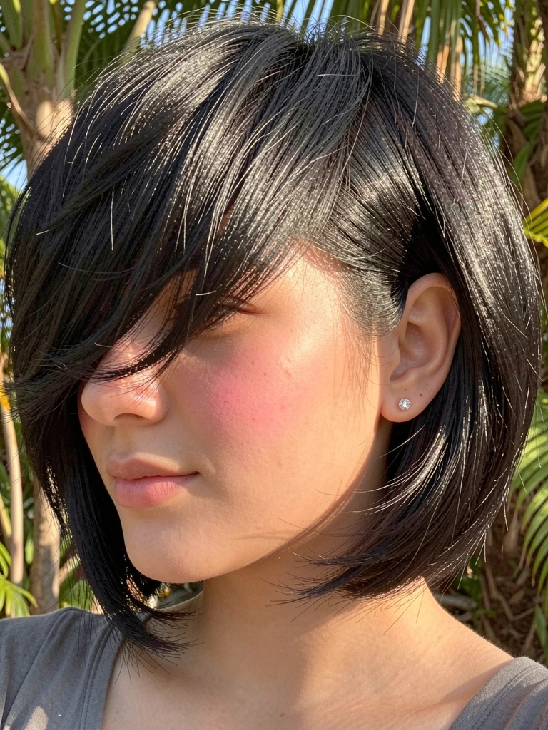Jovem com cabelo preto assimétrico e texturizado, brinco de diamante, bochechas coradas, luz natural filtrada por folhas.