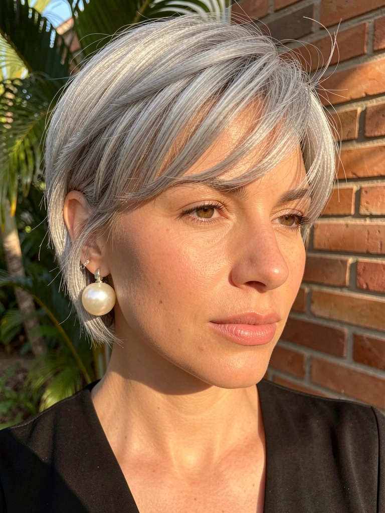 Mulher de cabelo grisalho curto e brincos grandes de pérola, luz natural filtrando por tijolos ao fundo.