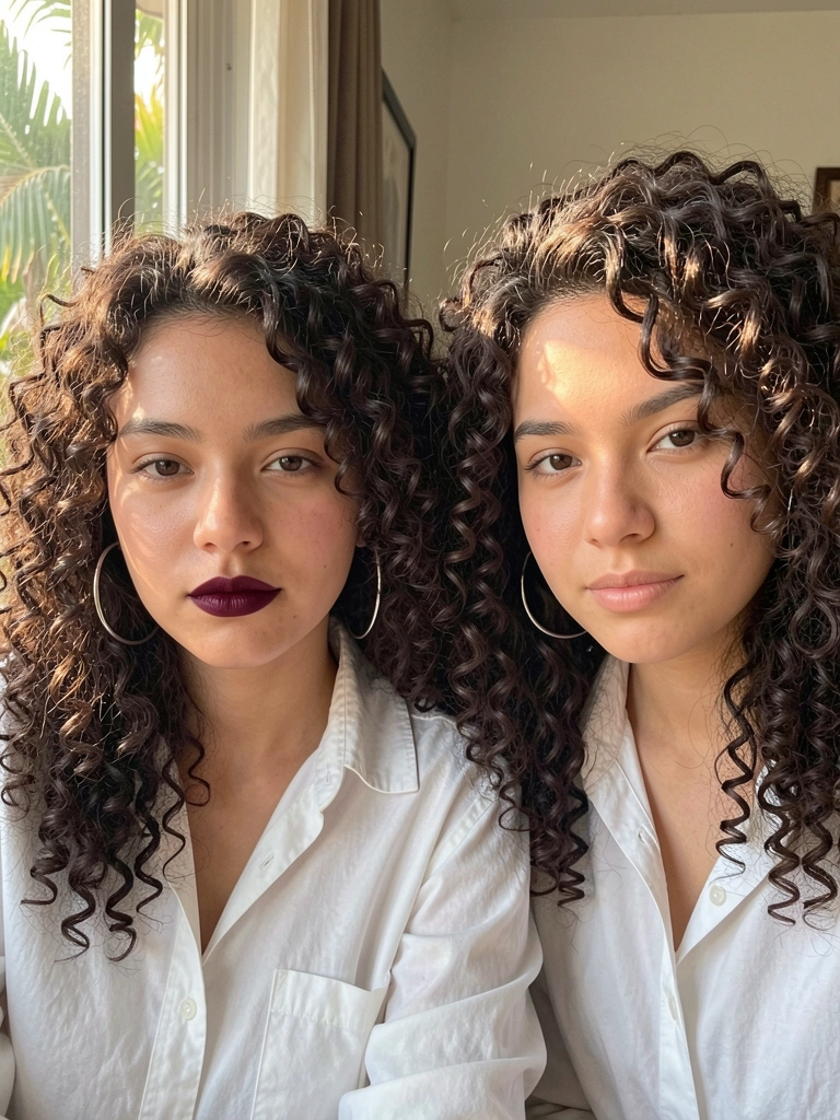 Duas mulheres com cabelos crespos volumosos e argolas de prata, camisas brancas, luz natural filtrada.