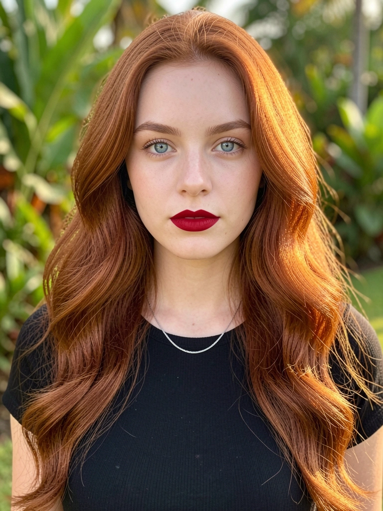 Mulher de cabelo ruivo ondulado e olhos azuis, batom vermelho e colar de prata, fundo de jardim verde desfocado com luz natural quente.