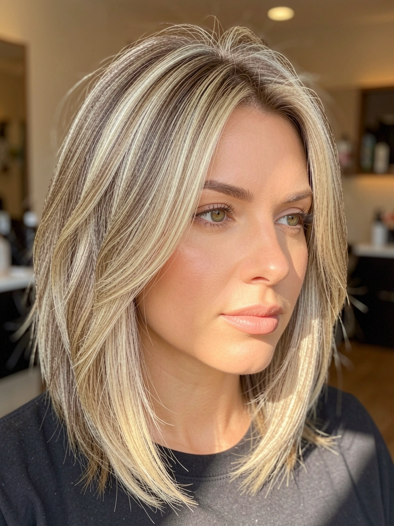 Retrato de mulher com cabelo loiro em camadas, ondas suaves e luz natural difusa, fundo desfocado de salão.