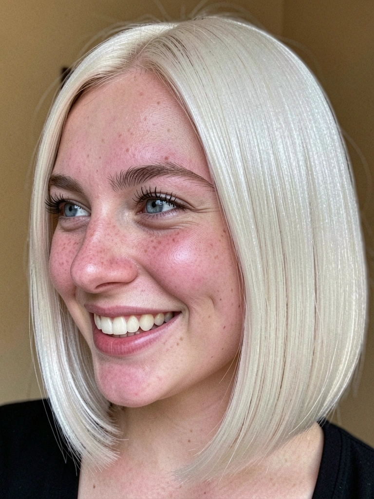 Jovem de cabelo platinado reto na altura do queixo, sorriso natural, pele com textura realista e iluminação suave de janela.