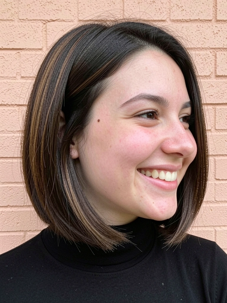 Jovem com corte blunt curto assimétrico, sorriso natural, pele com textura realista e fundo de tijolo claro.