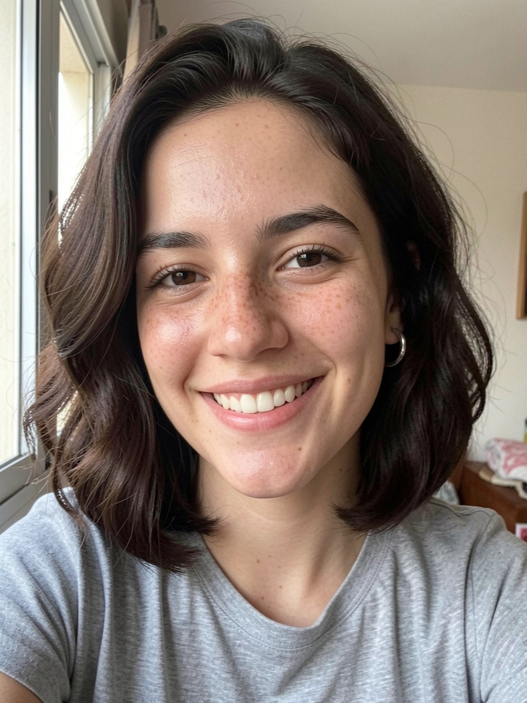 Jovem de cabelo castanho escuro cortado reto na altura do maxilar, sorriso natural, pele com sardas e camiseta cinza.