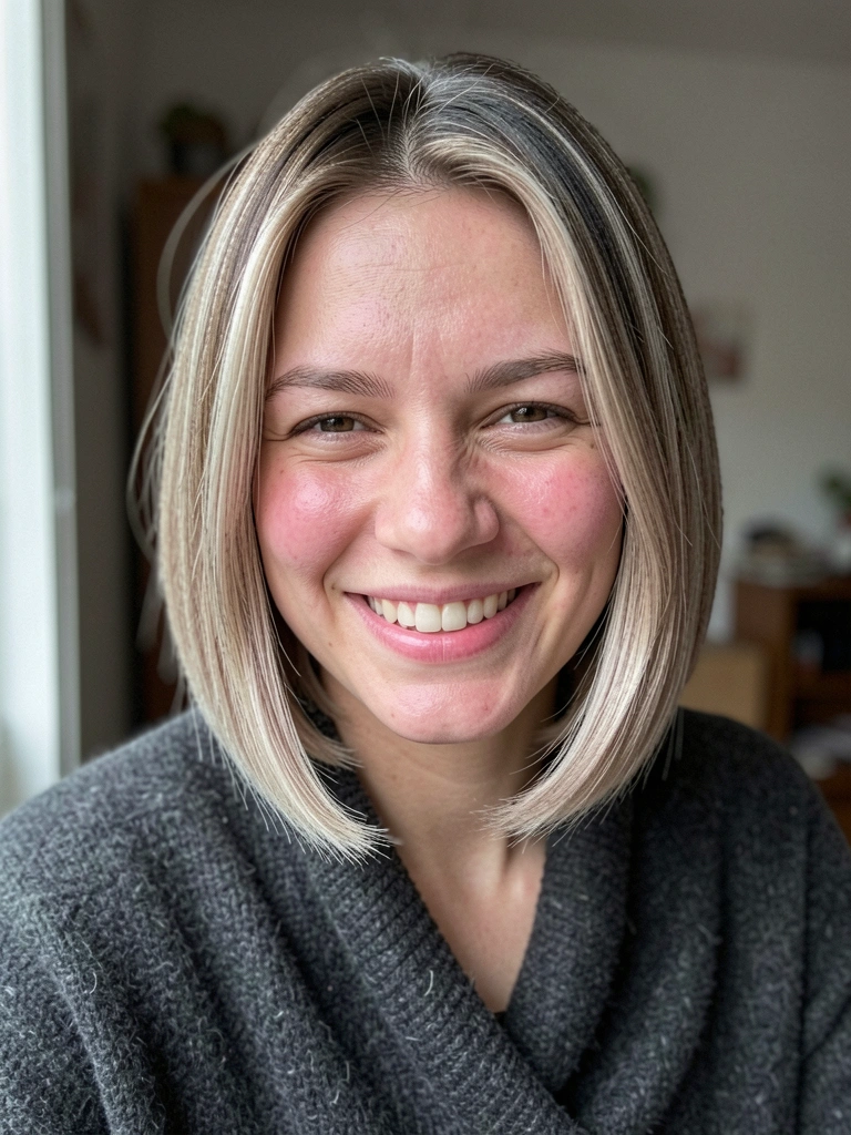 Mulher jovem de cabelo loiro acinzentado curto e reto, sorrindo com luz natural suave e fundo desfocado.