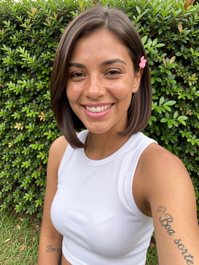 Mulher brasileira de cabelo castanho escuro em blunt cut curto, sorriso natural, pele com sardas e tatuagem 