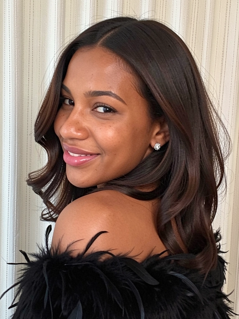 Mulher de cabelo castanho escuro com corte reto e pontas levemente curvadas, pele morena, sorriso natural, xale preto de penas sobre os ombros, fundo texturizado claro.