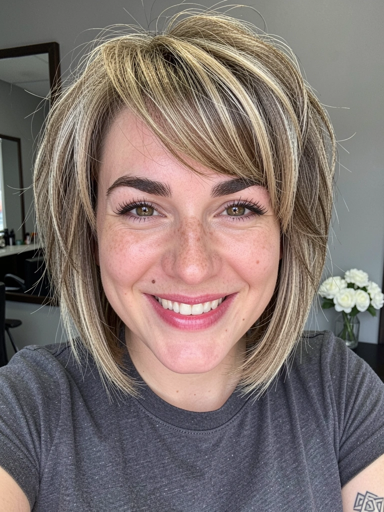 Mulher sorrindo com cabelo castanho claro em blunt cut curto e ondas soltas, pele clara com sardas e olhos castanhos.