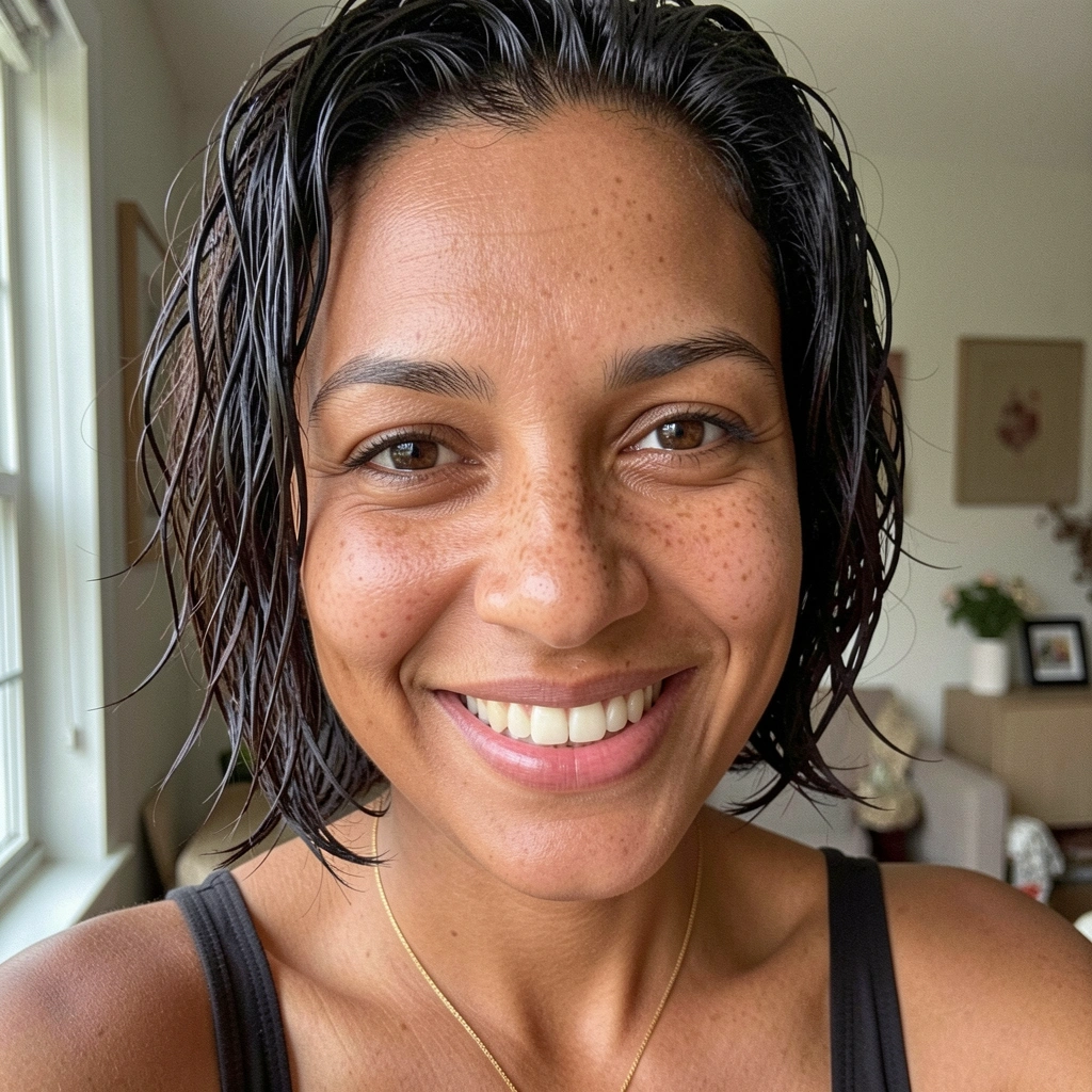 Mulher de pele morena com sardas, cabelo curto texturizado e sorriso natural, iluminação suave de janela.