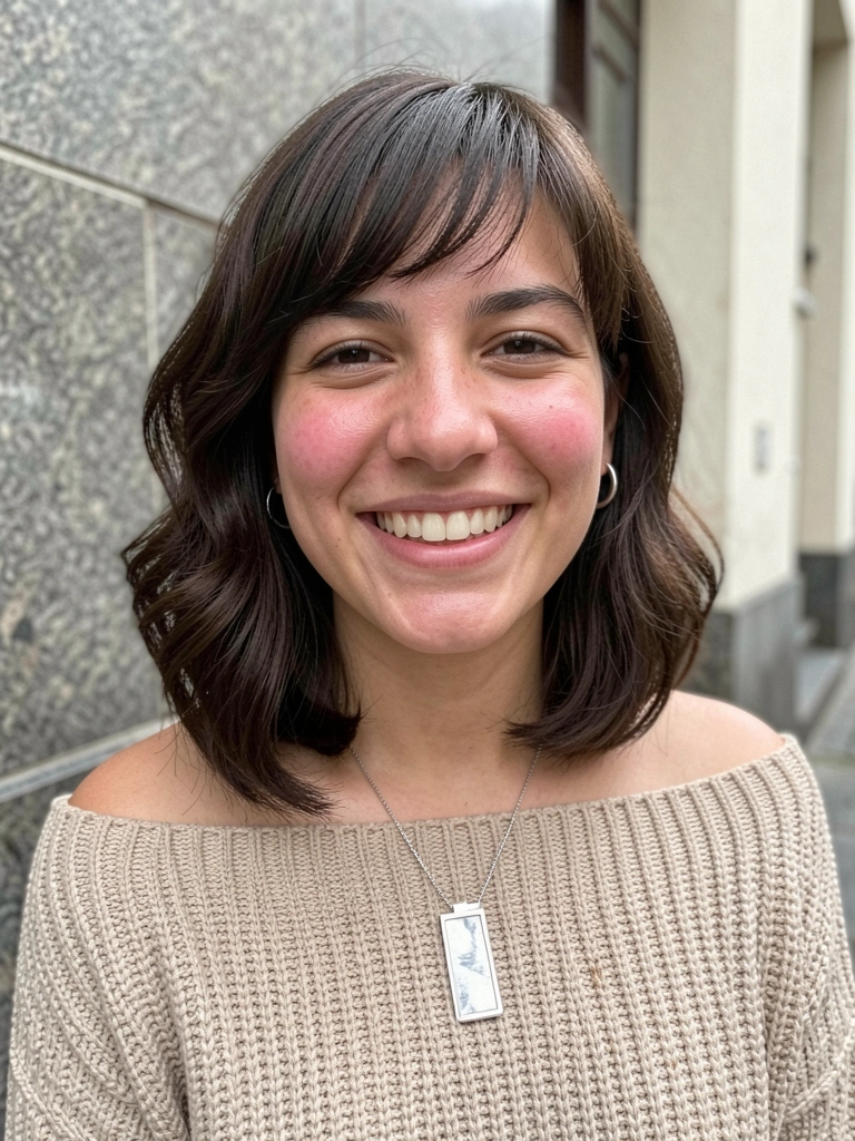 Mulher jovem de cabelo castanho escuro em blunt cut com franja lateral, sorriso natural, suéter bege de tricô e colar de prata.