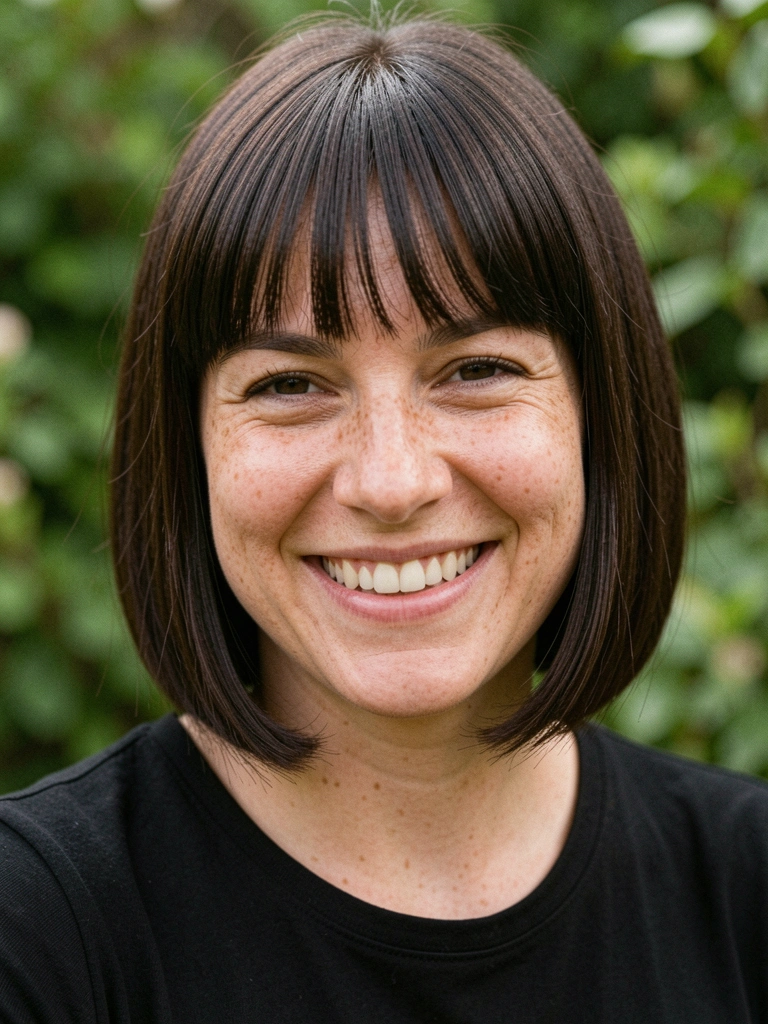 Mulher de cabelo castanho escuro com blunt cut e franja reta, sorriso natural em ambiente externo com luz suave.
