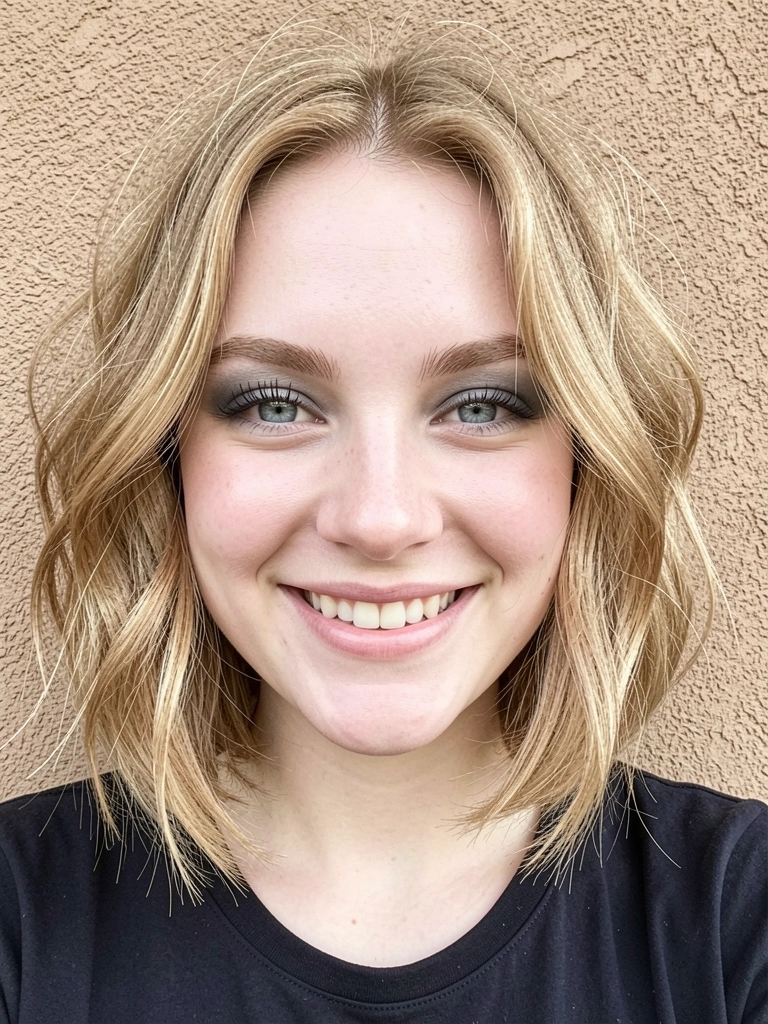 Jovem de cabelo honey blonde em blunt cut curto e ondulado, sorriso natural, fundo de parede texturizada clara.