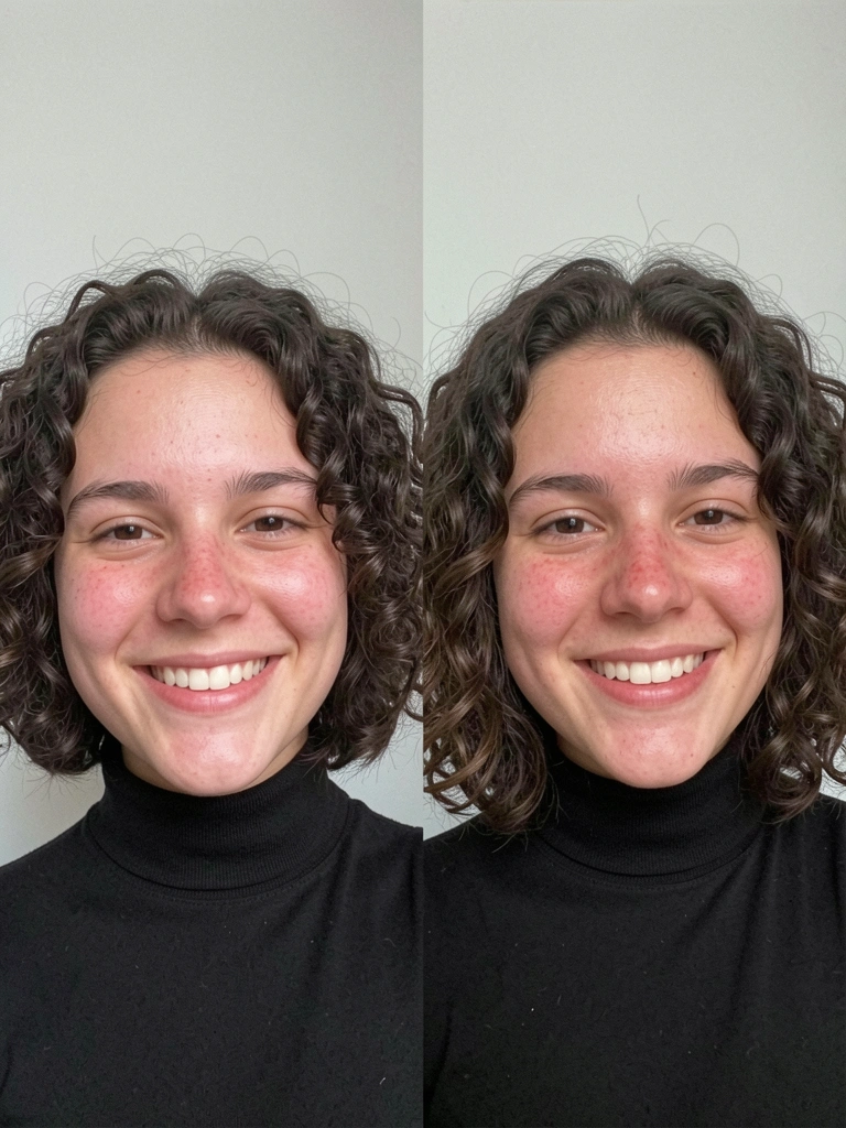 Jovem brasileira com cabelo cacheado escuro em dois estilos: blunt cut reto na mandíbula à esquerda, bob cacheado mais longo à direita, sorriso natural, luz suave de janela.