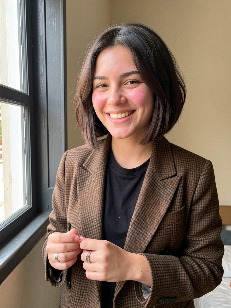 Mulher jovem de cabelo castanho escuro em blunt cut, sorrindo perto de janela com blazer xadrez.