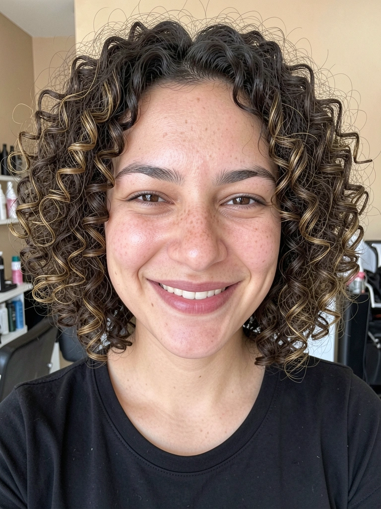 Jovem brasileira de cabelo cacheado curto e volumoso, sorriso natural, sardas no rosto, em salão com luz de janela.