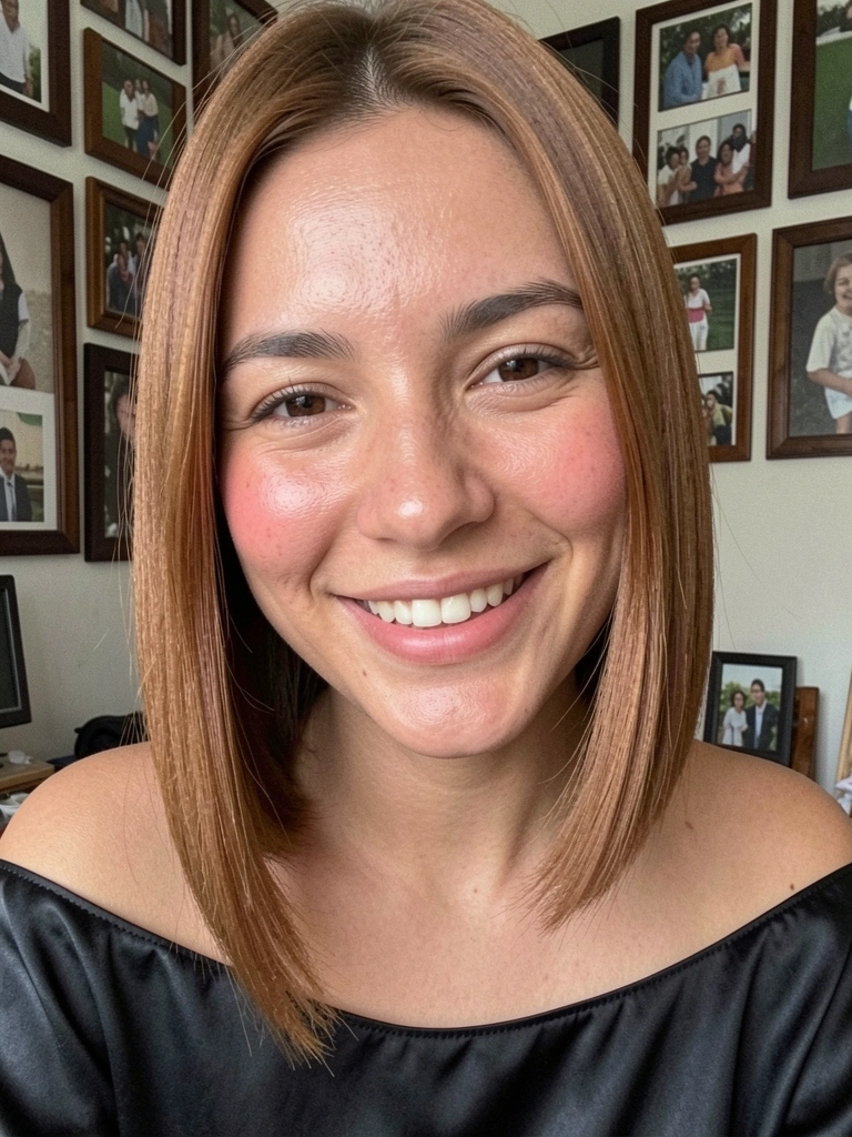 Jovem brasileira de cabelo castanho caramelado em blunt cut curto, sorriso genuíno, pele com textura natural e iluminação lateral suave.