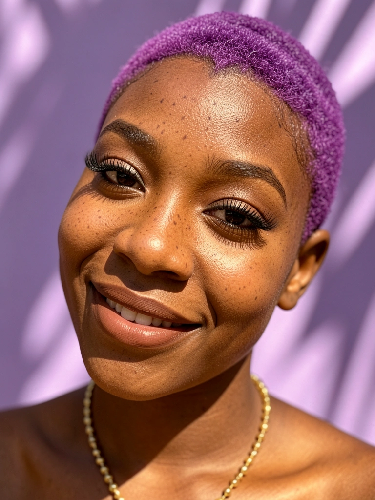 Jovem negra com cabelo roxo curto, sorriso genuíno, maquiagem nos olhos marcante e colar dourado, fundo roxo desfocado.