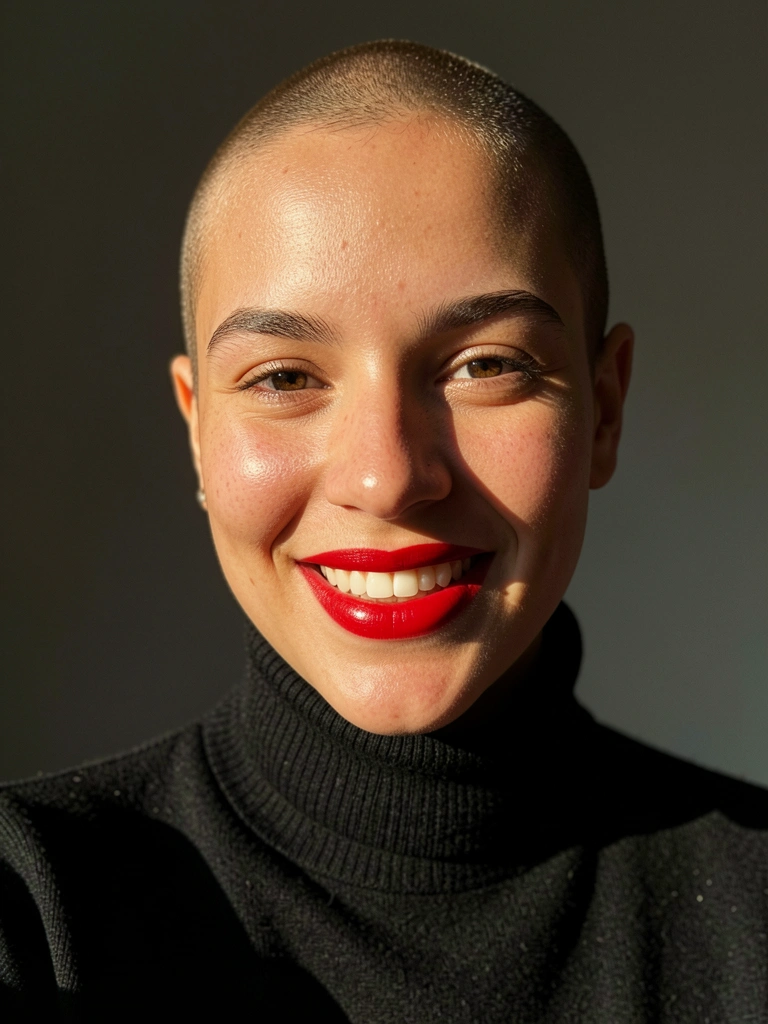 Mulher com cabeça raspada, suéter preto de gola alta e batom vermelho, sorrindo sob luz natural difusa que realça a textura da pele, fundo cinza escuro.