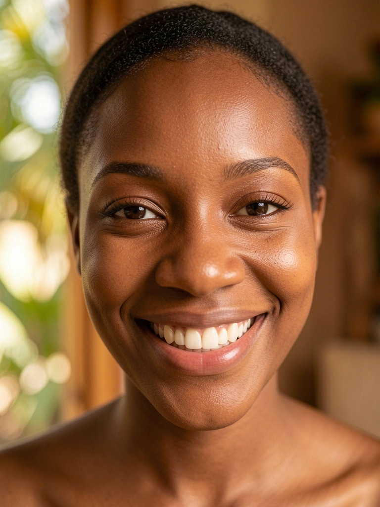 Close-up de uma mulher negra com sorriso genuíno, olhos marcantes e maquiagem mínima, iluminada por luz natural difusa em fundo desfocado com tons terrosos.