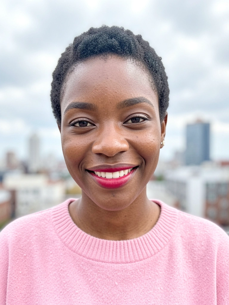 Jovem negra de cabelo curto e natural, suéter rosa oversized, sorriso genuíno, fundo de cidade desfocado com céu nublado, luz natural suave destacando a pele.