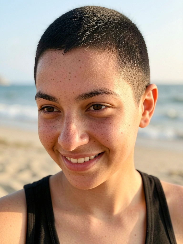 Jovem com buzz cut preto texturizado, sorriso genuíno, pele com sardas, iluminada por luz natural suave ao ar livre.