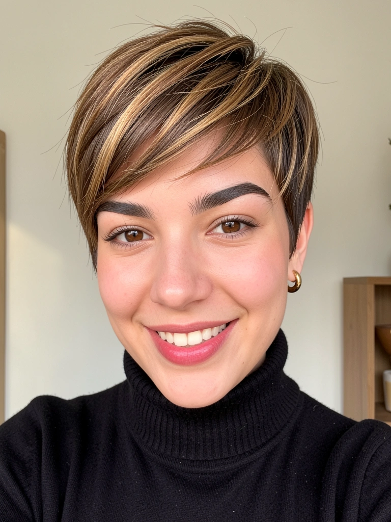 Jovem com corte pixie cut texturizado e reflexos quentes, batom rosado, suéter preto de gola alta e brincos dourados, luz suave natural destacando os fios.