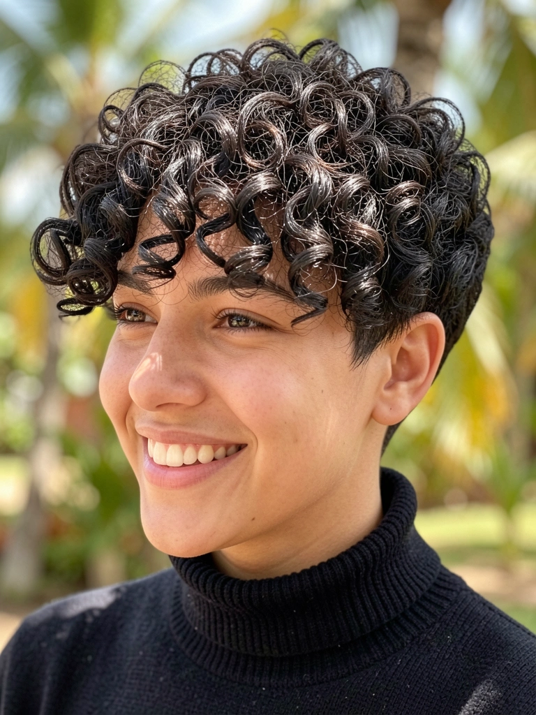 Jovem com cabelo pixie curto e crespo iluminado por luz natural, sorriso caloroso, gola alta escura e fundo tropical desfocado.