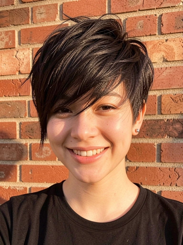 Mulher sorridente com cabelo pixie cut escuro e texturizado, camiseta preta, parede de tijolos vermelhos com iluminação solar difusa e brincos de prata pequenos.