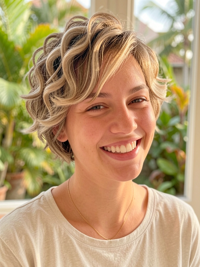 Jovem com corte pixie cacheado, mechas loiras iluminadas pelo sol, sorriso espontâneo e colar dourado, fundo de jardim tropical.