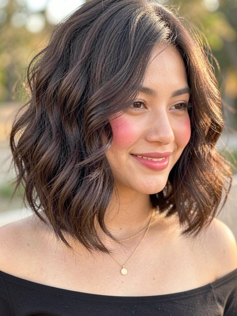 Jovem com cabelo ondulado castanho escuro e corte curtinho, sorriso aberto, colar dourado fino e blusa preta de ombro, fundo desfocado com luz natural.
