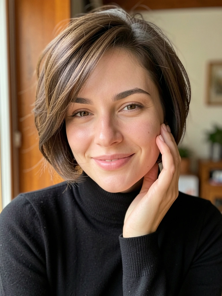 Mulher com cabelo curto e castanho em camadas, suéter preto de gola alta, sorrindo com a mão no rosto em luz natural difusa.