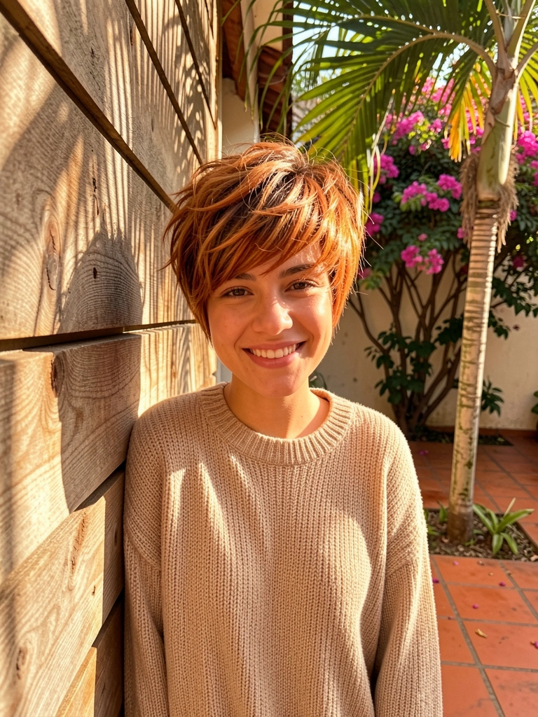 Mulher com cabelo pixie cut curto, destaques em caramelo e cobre, cachecol bege, parede de madeira desgastada e bougainvillea ao fundo, luz dourada filtrada por palmeira.
