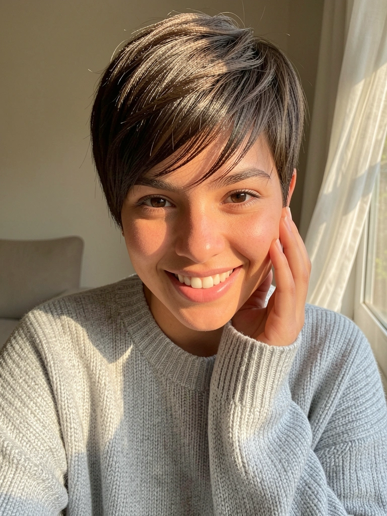 Mulher de cabelo pixie curto com textura, suéter cinza oversized claro, luz natural difusa e fundo de ambiente interno arejado.