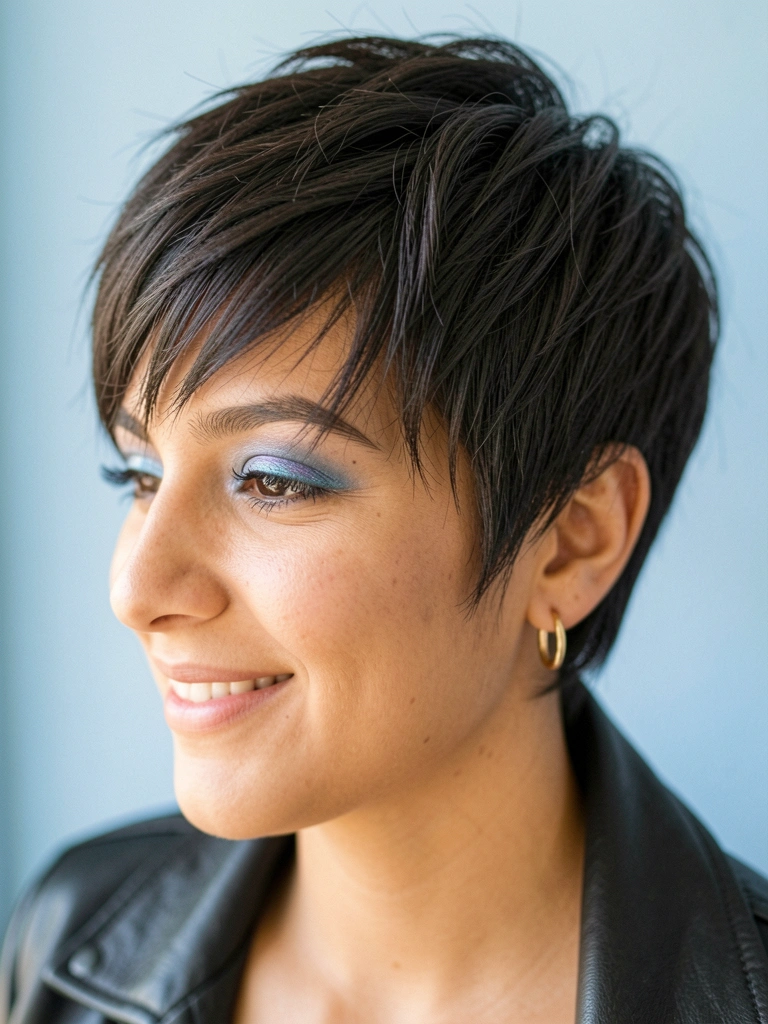 Jovem com pixie cut texturizado e brincos dourados, jaqueta de couro preta sobre os ombros, sorriso natural sob luz suave.