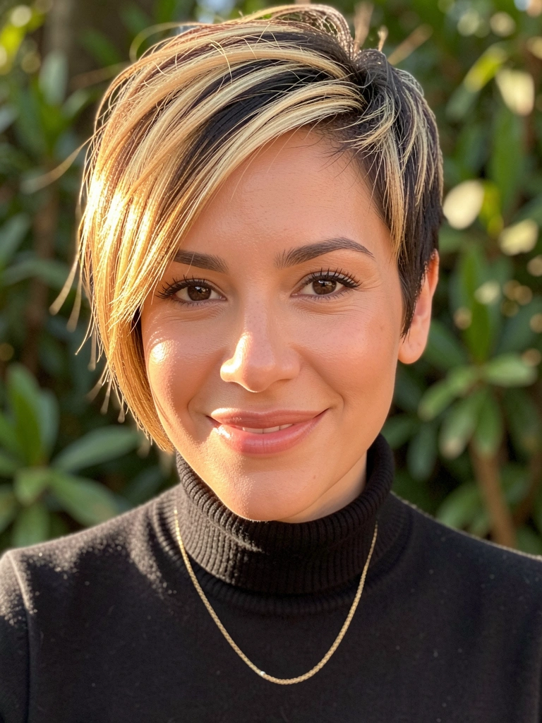 Mulher de pixie cut com reflexos loiros, blusa preta de gola alta e colar dourado, iluminada por luz solar difusa em fundo verde desfocado.